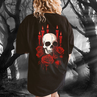 Skull and Red Roses Print Women's Black Tee