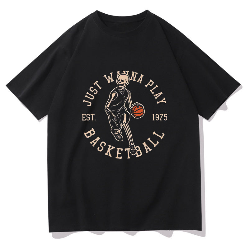 Men's Black Skull Print Basketball Lovers T-shirt