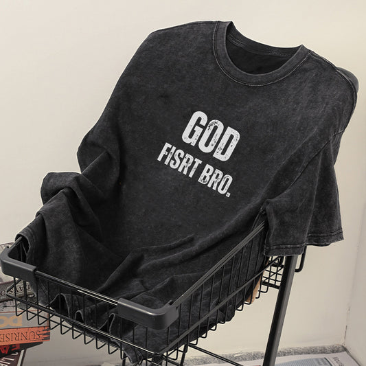 God First Bro. Men's Washed Black Cotton Tee