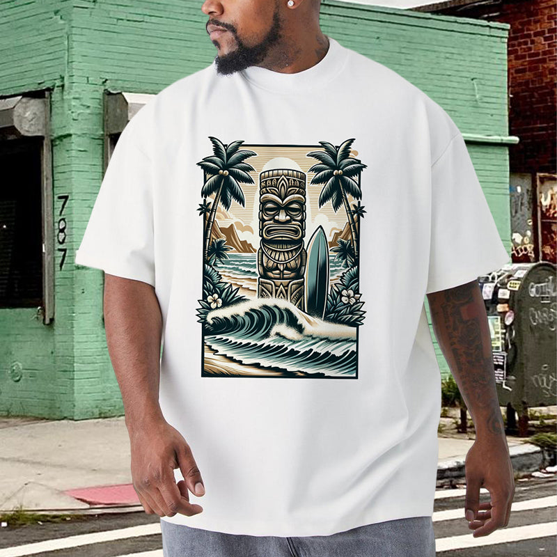 Tropical Beach Tiki Statue with Surfboard Men's Tee