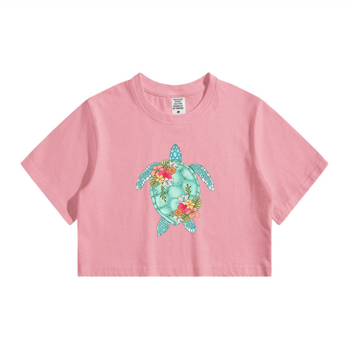 Oceanic Turtle Design Ladies Crop Tee