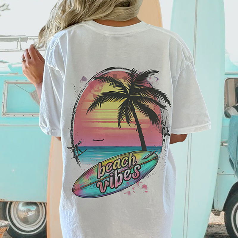 Surfboard and Palm Tree Print Women's Tee