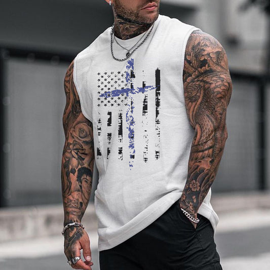 Vintage Distressed American Flag Print Men's Fashion Tank Top