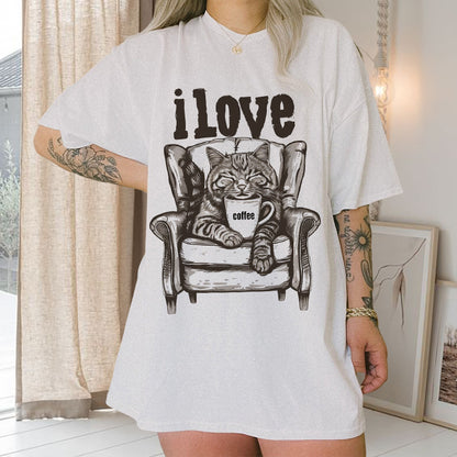 I love Coffee Cat Print Women's Short Sleeve Tee