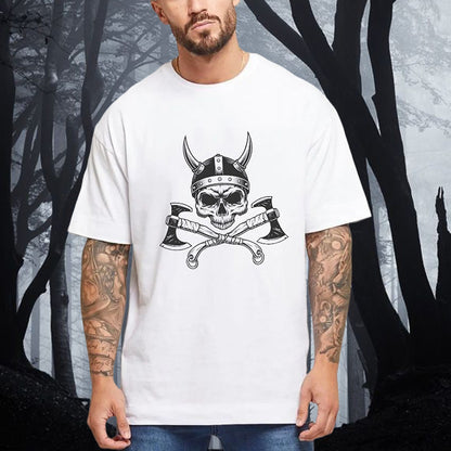 Men's Nordic Warrior Skull Helm and Axes Print Tee