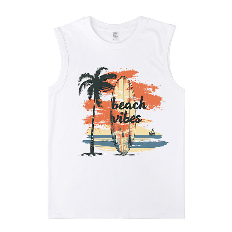 Beach Vibes Surfboard Print Men's Casual Tank Top