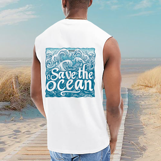 Retro Ocean Wave Print Men's Cotton Tank