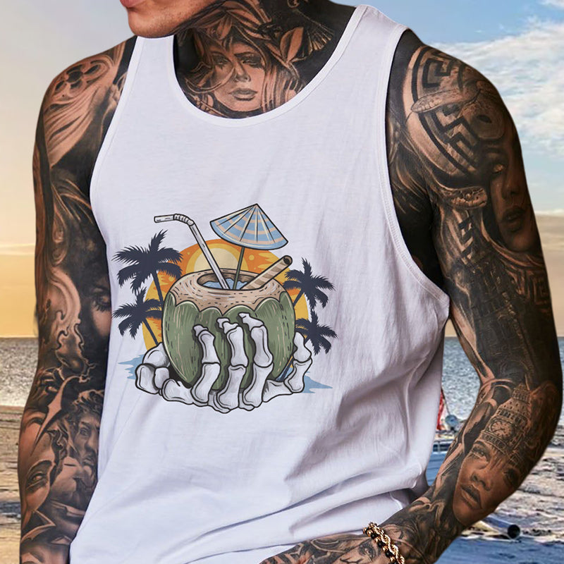 Tropical Vibes Men's Tank Tops with Skull Hand and Coconut Designs