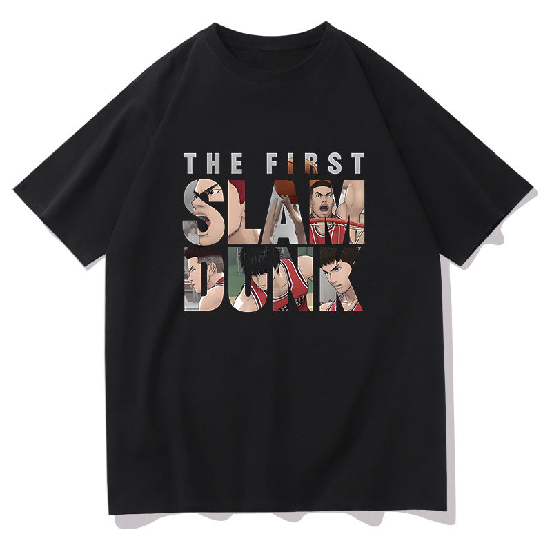 Slam Dunk Animated Basketball Player Print Black Tee