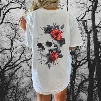 Skull With Red Roses Print Women's Vintage Cotton Tee