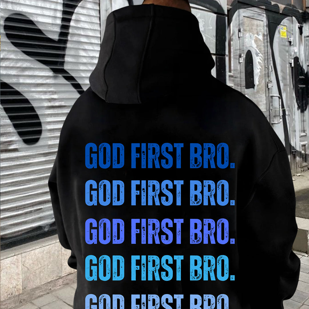 God First Bro. Men's Gradient Blue Fleeced Hoodie