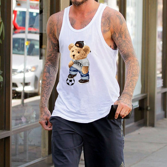 Teddy Bear Playing Soccer Printed Tank Top-A