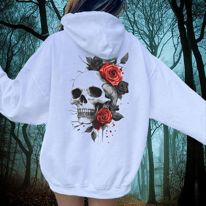 Skull and Red Roses Print Women's Fleeced Hoodie