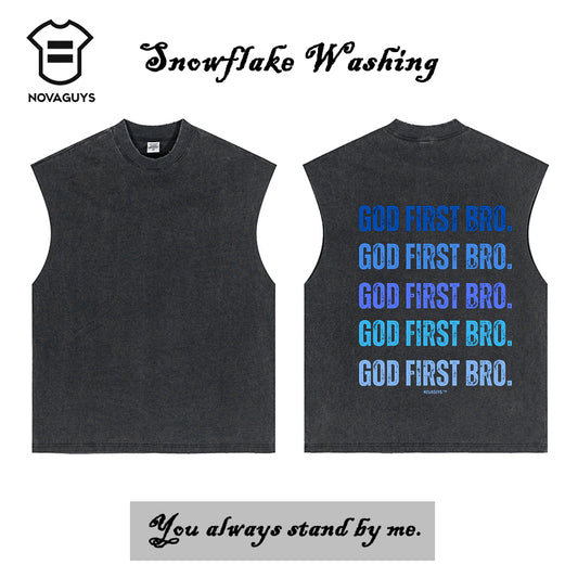 God First Bro. Men's Snowflake Washed Fabric Gradient Blue Letter Print Tank