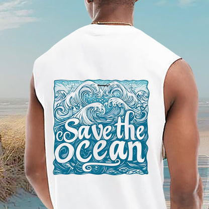 Retro Ocean Wave Print Men's Cotton Tank