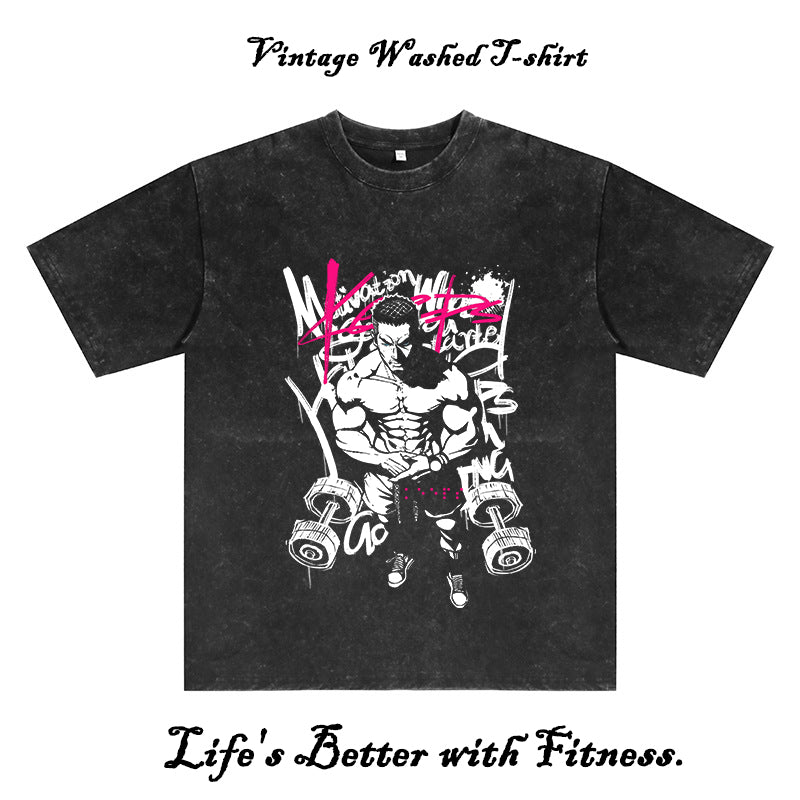 Fitness Man Print Washed Black Color Tee