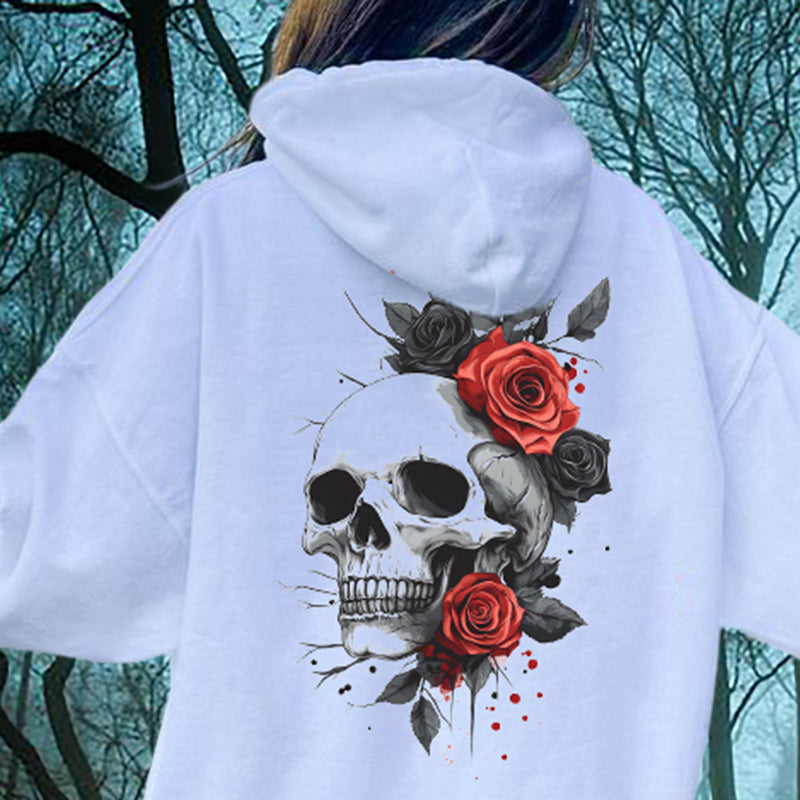 Skull and Red Roses Print Women's Fleeced Hoodie