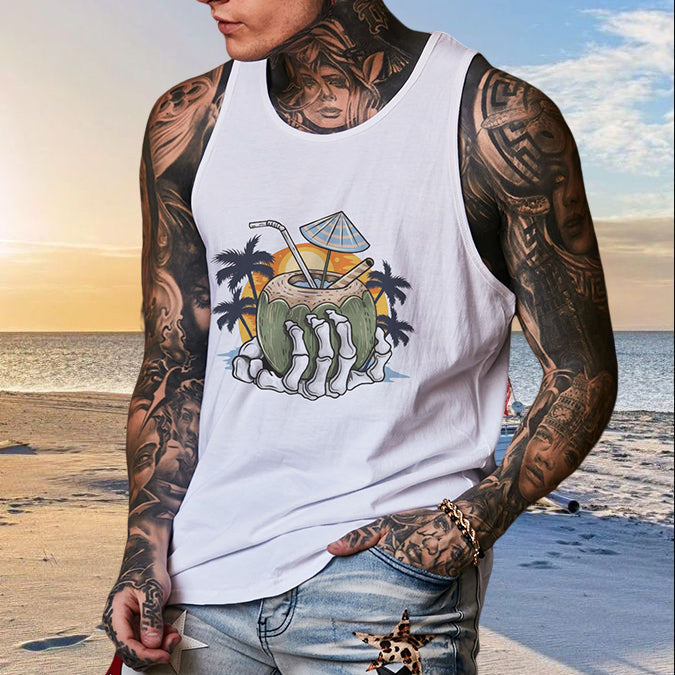 Tropical Vibes Men's Tank Tops with Skull Hand and Coconut Designs