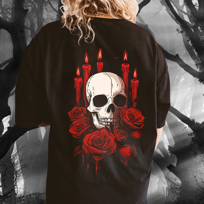 Skull and Red Roses Print Women's Black Tee