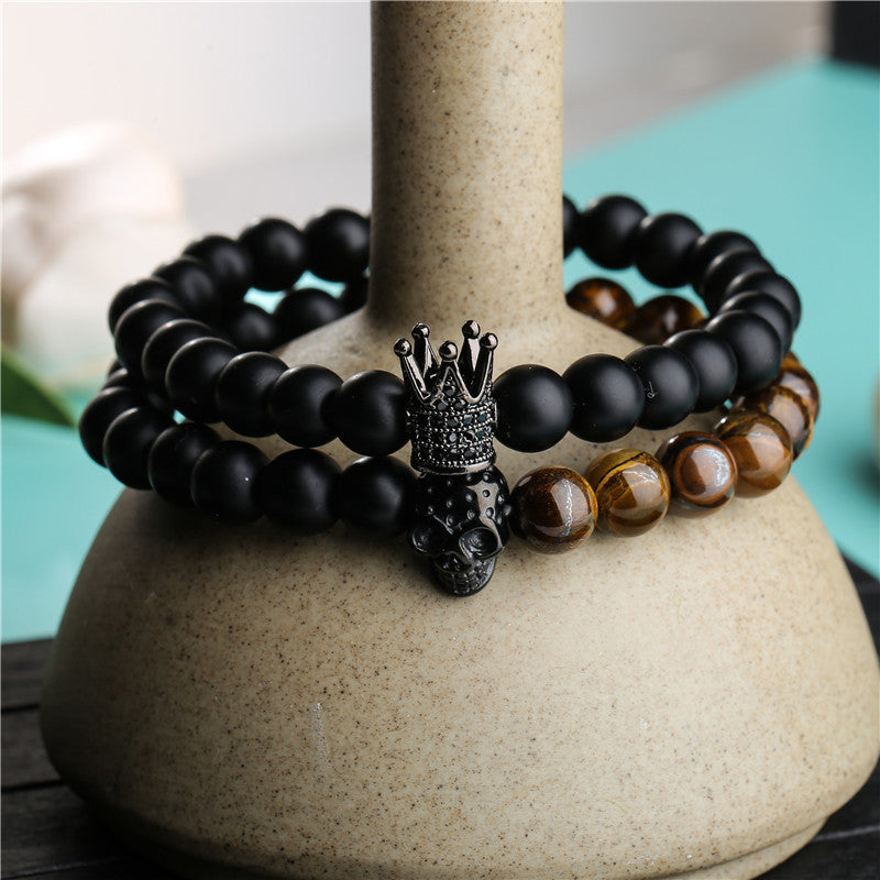 8mm Black Agate Crown Skull Bracelet Set