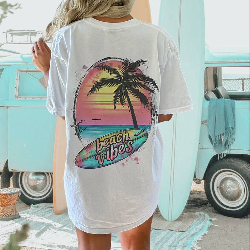 Surfboard and Palm Tree Print Women's Tee