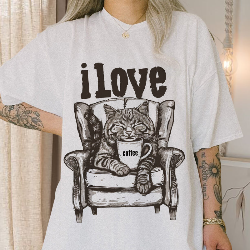 I love Coffee Cat Print Women's Short Sleeve Tee