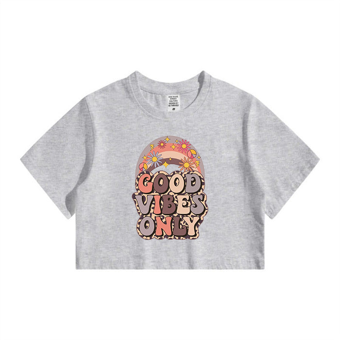 Lady's Good Vibes Only Letter Print Crop Tee