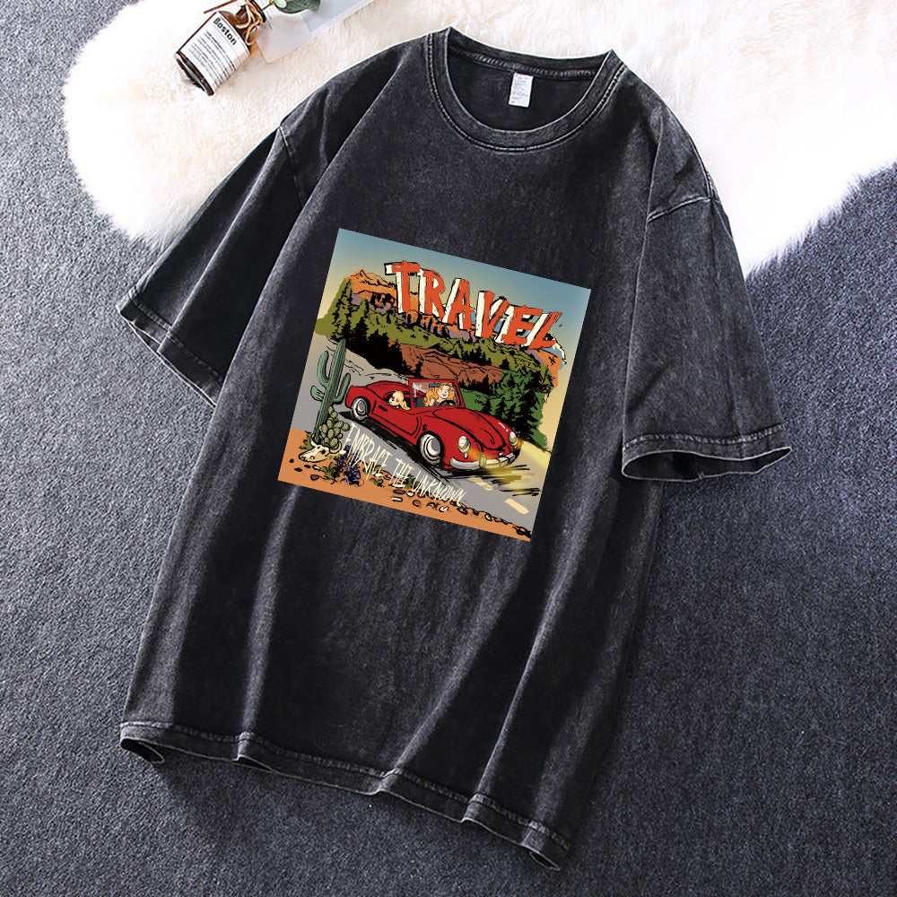 Vacation Graphic Print Men's Washed Black Color Tee