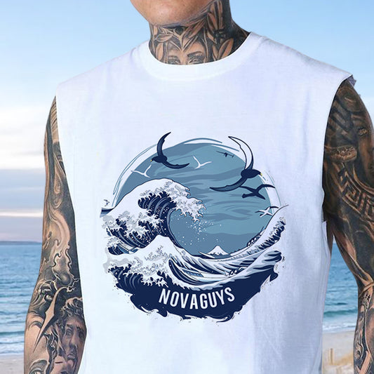 Ocean Wave Print Men's Cotton Tank Top