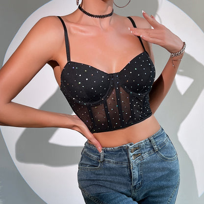 Sexy Sequin Fishbone Corset Push-Up Sheer Crop Top