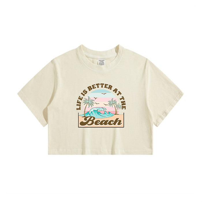 Beach Vibes Ocean Wave Print Lady's Crop Tee