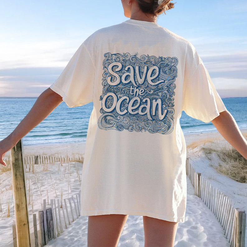 Save the Ocean Wave Pattern Print Women's T-shirt