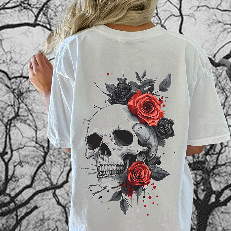 Skull With Red Roses Print Women's Vintage Cotton Tee