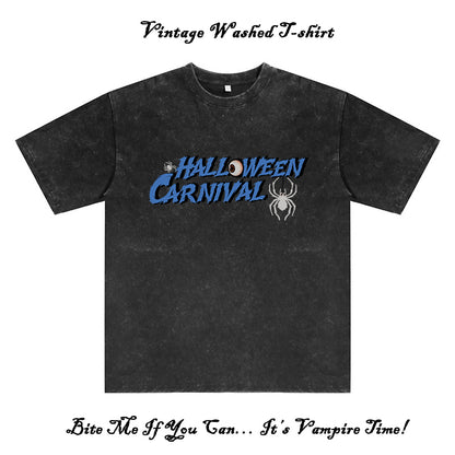 Halloween Spider Print Men's Washed Black Color Tee