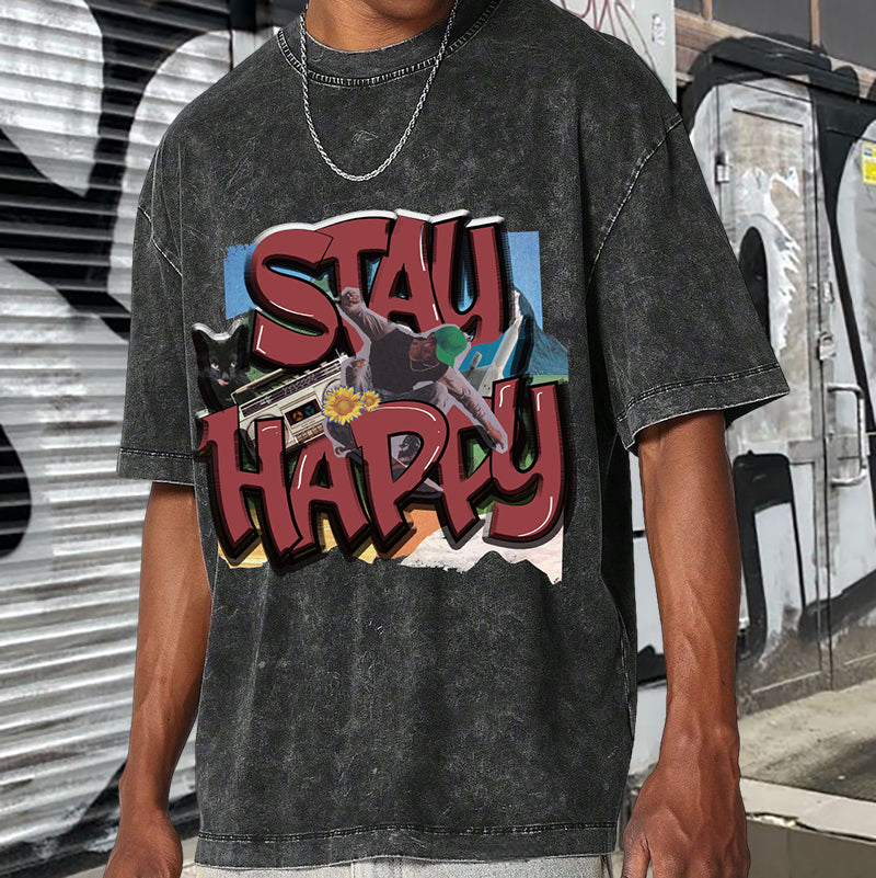 Stay Happy Men's Washed Black Cotton Tee