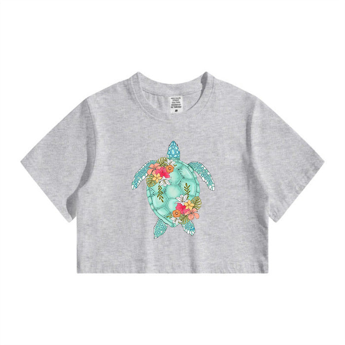 Oceanic Turtle Design Ladies Crop Tee