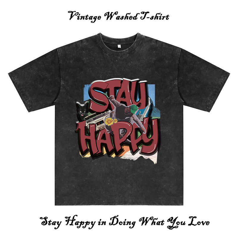 Stay Happy Men's Washed Black Cotton Tee