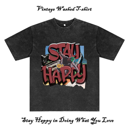 Stay Happy Men's Washed Black Cotton Tee