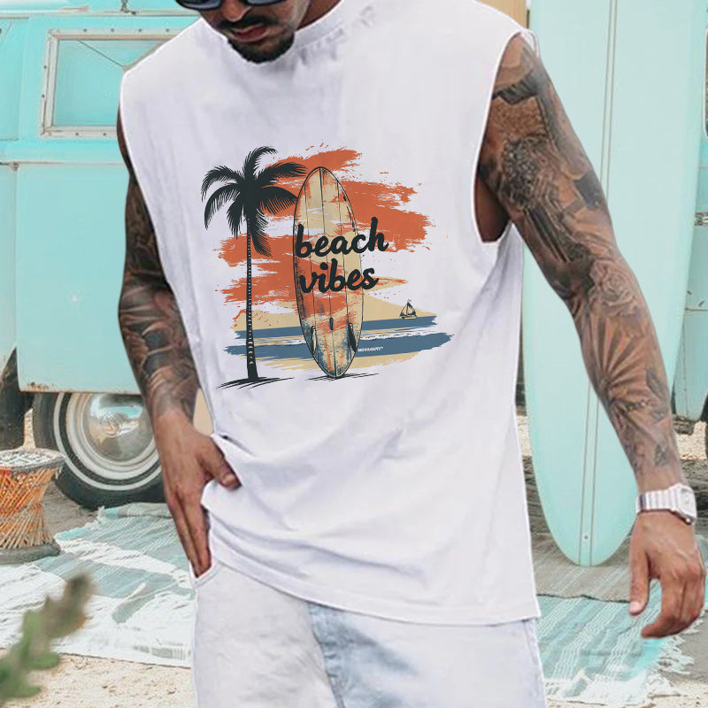 Beach Vibes Surfboard Print Men's Casual Tank Top