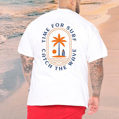 Palm Tree and Wave Print Men's White Tee Big & Tall