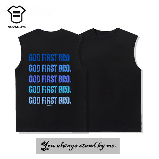 God First Bro. Men's Gradient Blue Letter Print Tank