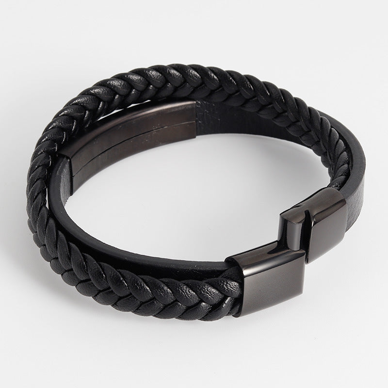 Men's Stainless Steel Woven Bracelet with Black Leather Cord and Leather