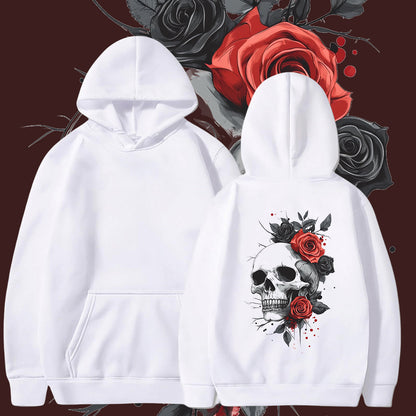 Skull and Red Roses Print Women's Fleeced Hoodie