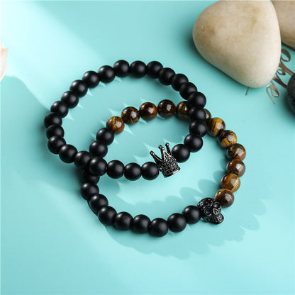 8mm Black Agate Crown Skull Bracelet Set