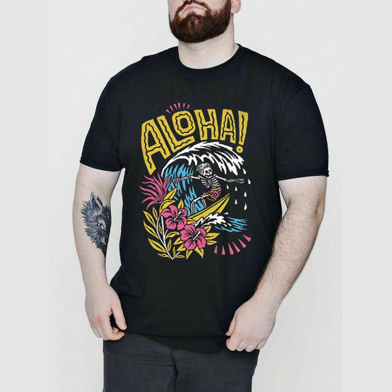 Skeleton Man Surfing Printed Tee, Aloha T-shirt