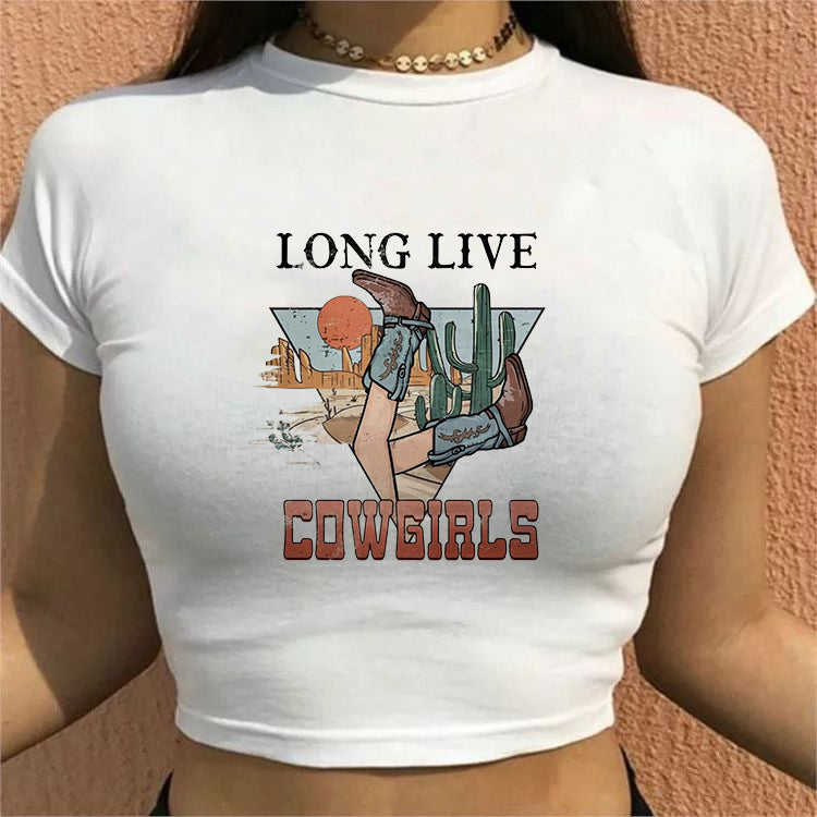 Cowgirls Vintage Graphic Print Crop Tee