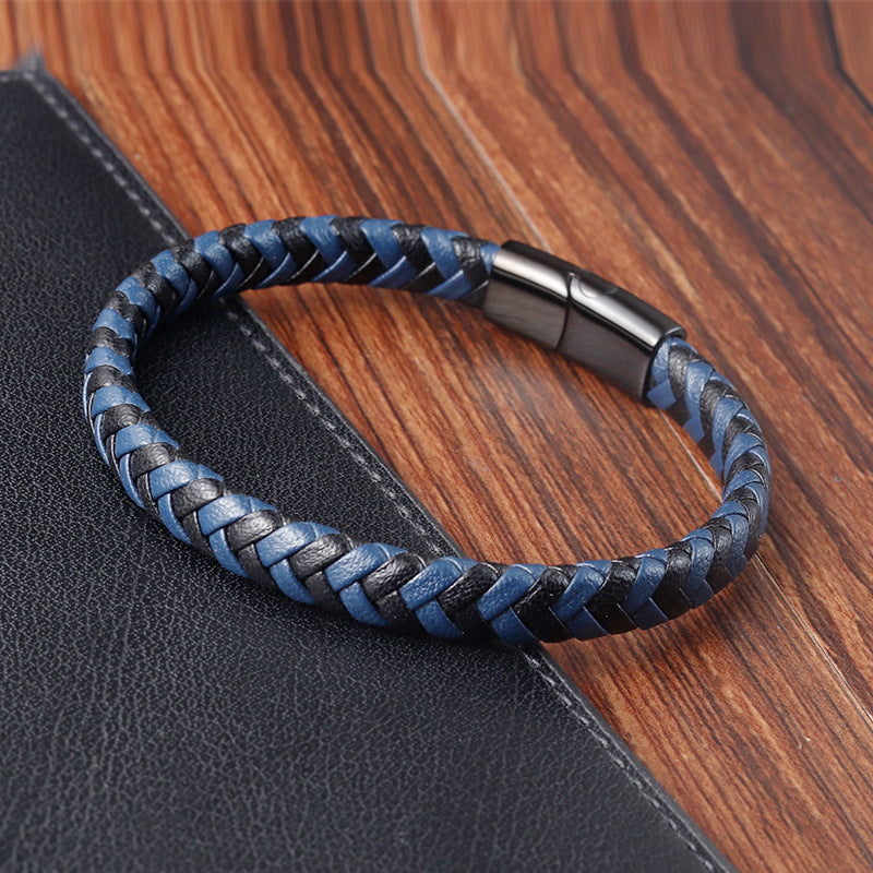 Leather Rope Stainless Steel Men's Braided Bracelet