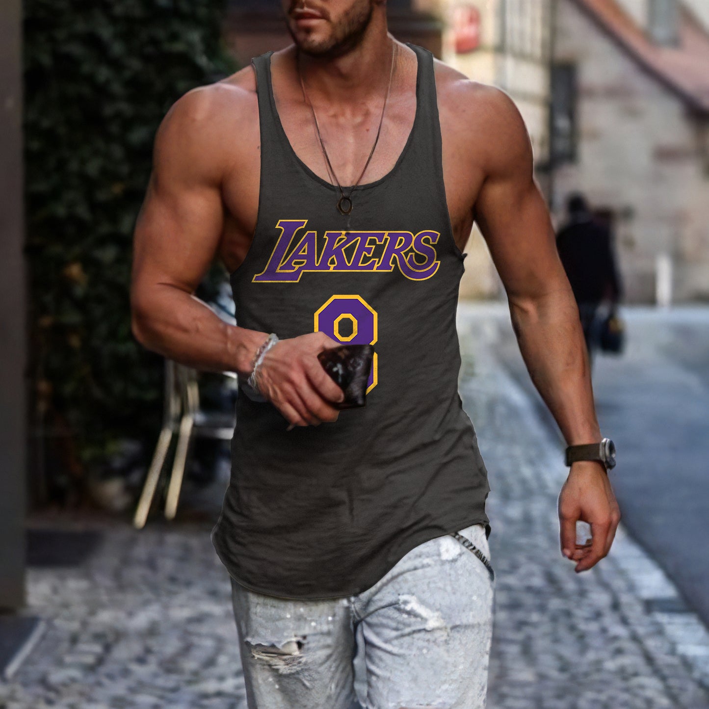 LAKERS Graphic Print Crew Neck Casual Tank Top-A