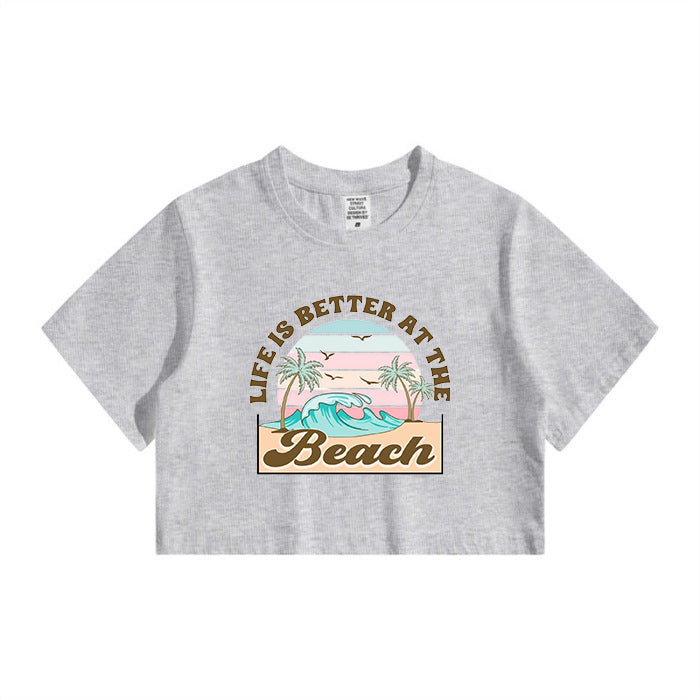 Beach Vibes Ocean Wave Print Lady's Crop Tee