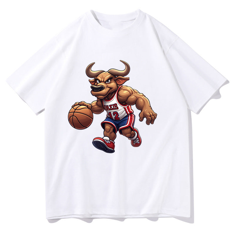 Dunking Bull Basketball T-Shirt Hoops Enthusiast Cartoon Bull Tee